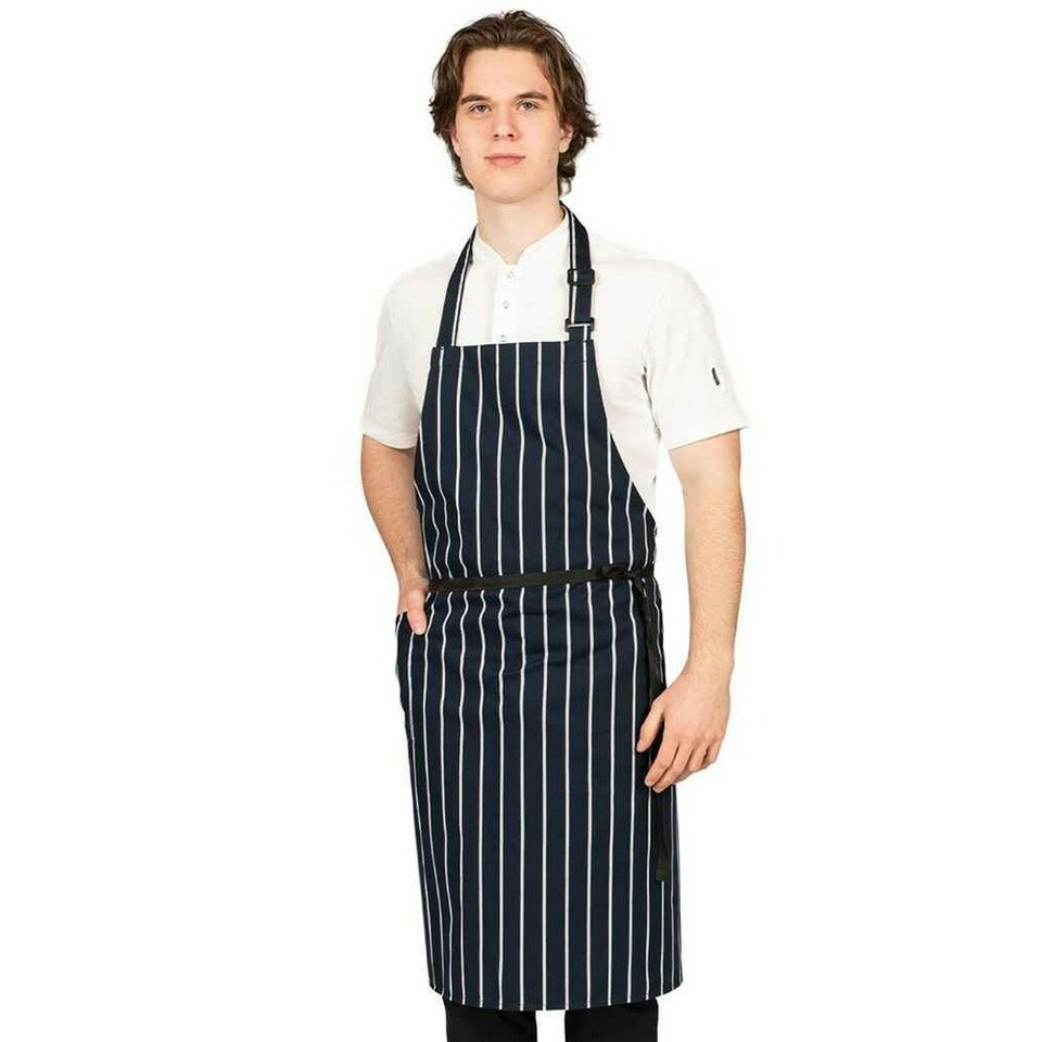 Dennys Unisex Adult Contrast Striped Polycotton Side Pocket Full Apron - Navy/White - One Size