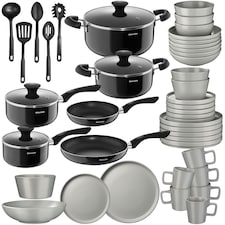 Dinnerware Set for 6 People with Plates, Bowls, Utensils, Pots and Pans | Grey | grey/black | 45 pc | 1