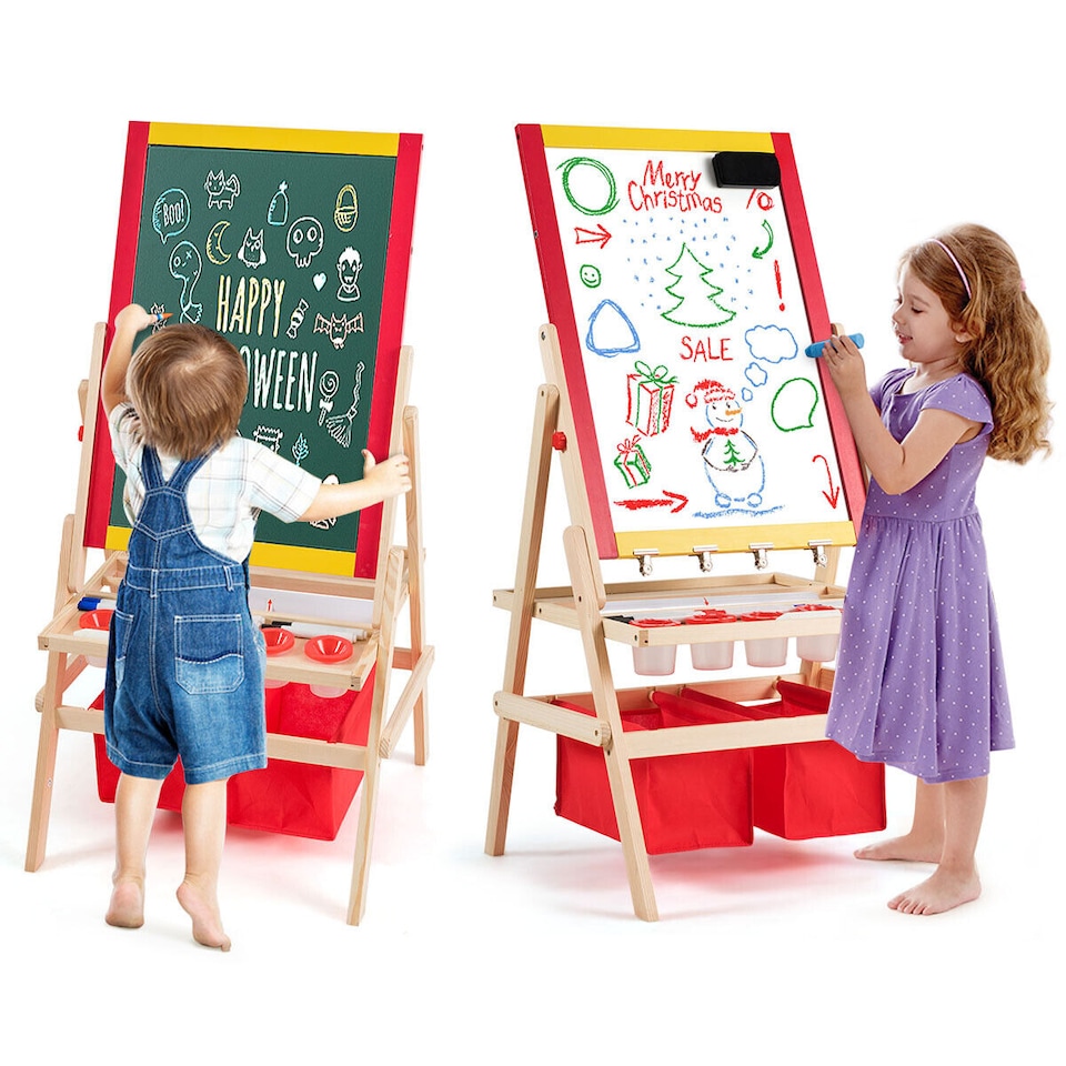 image 1 of COSTWAY 3-in-1 Wooden Kids Art Easel Magnetic Double Sided Easel Blackboard Whiteboard