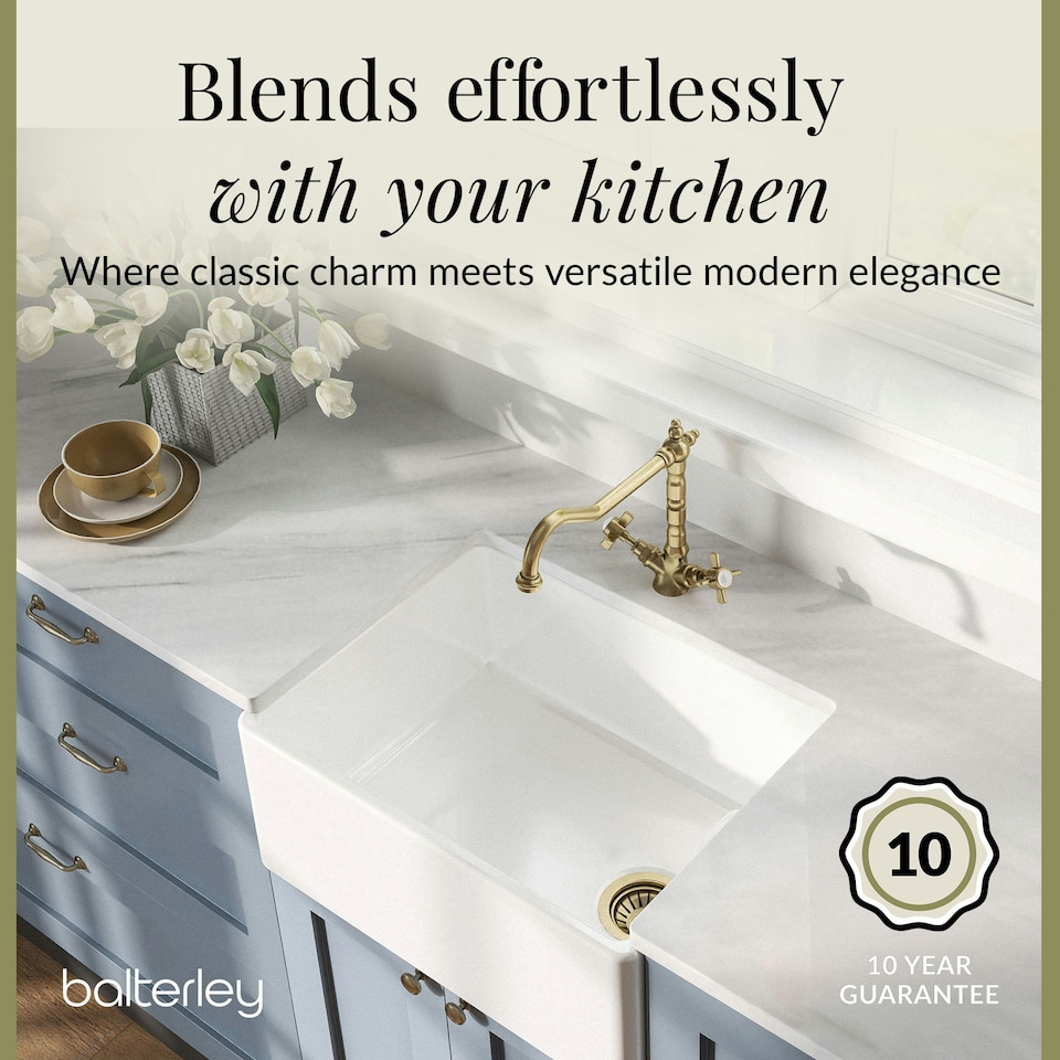 image 1 of Fireclay Kitchen Bundle - Single Bowl Belfast Sink, Strainer Waste & French Classic Tap, 595mm - Brushed Brass - Balterley