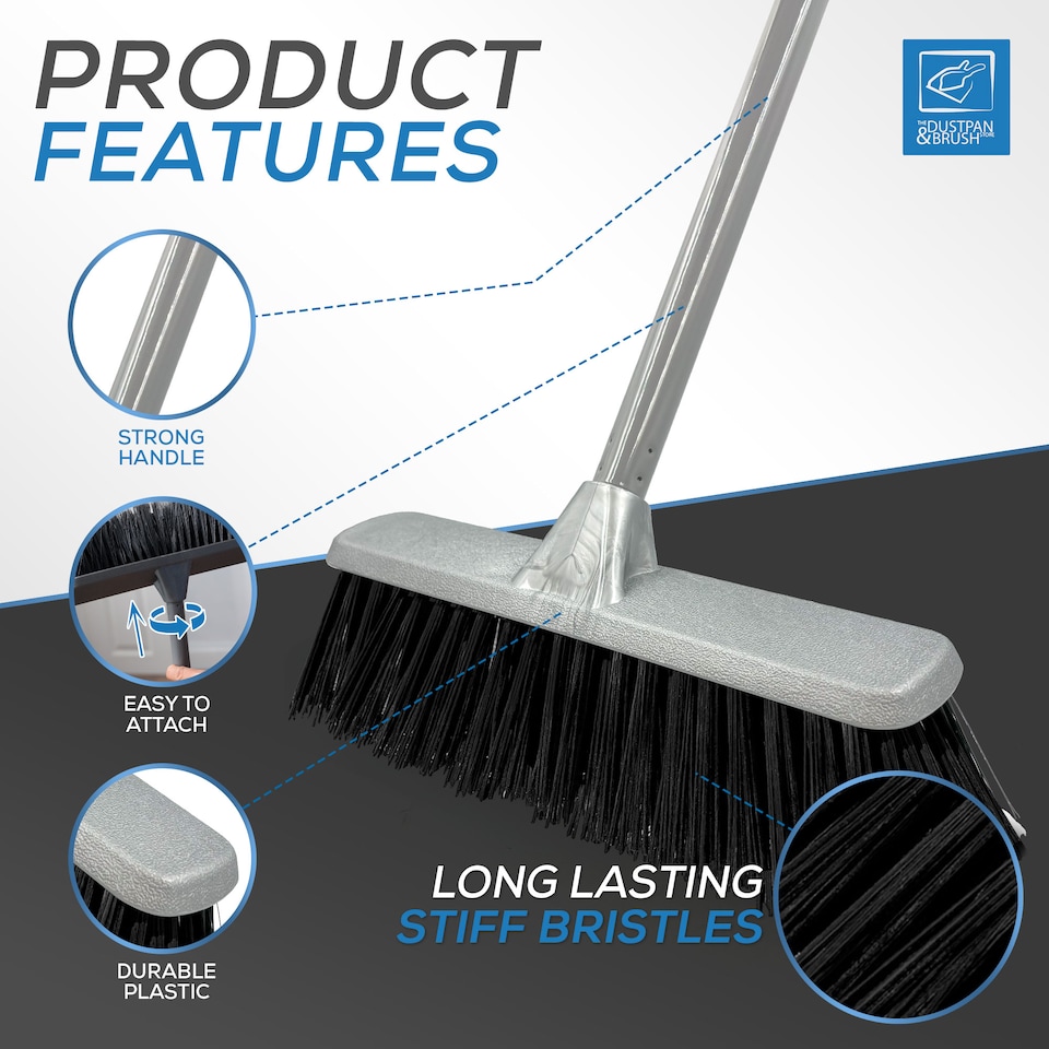 image 1 of Stiff Bristle Indoor Broom Silver Sweeping Brush for Tiles, Wood & Carpet Metal Handle Kitchen Floor Sweeper