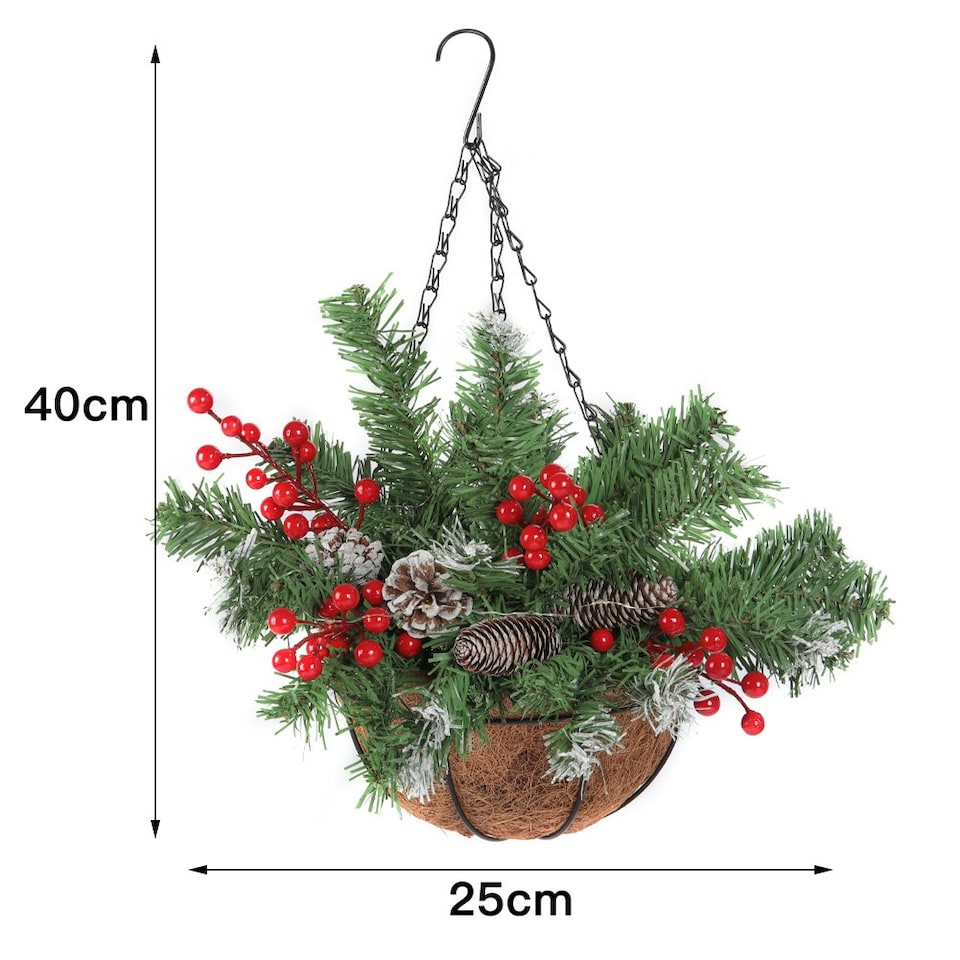 image 1 of Living and Home Artificial Christmas Hanging Basket with Frosted Pine Cone