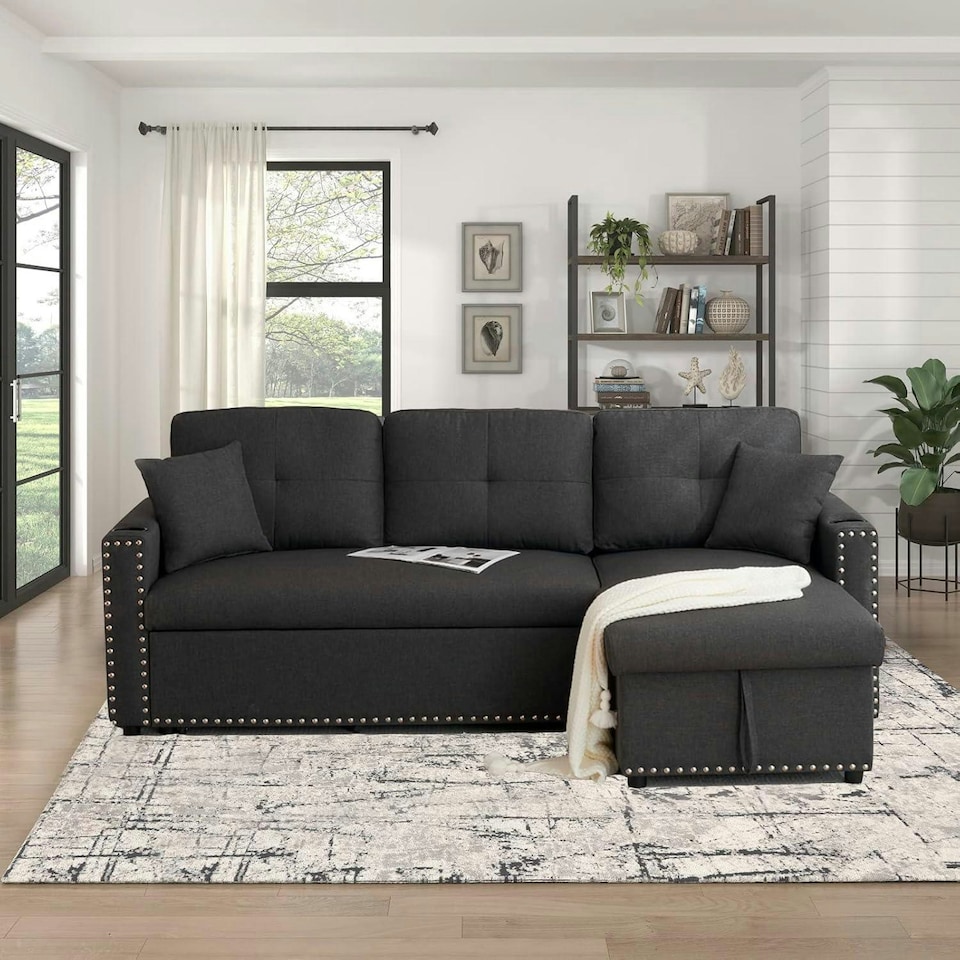 image 1 of Sofabed 3 Seater Reversible Sectional Sofa Sleeper Set with Storage Chaise, Built-in Cupholder, Decorative Rivets, Pull-out Bed, and Dark Grey Fabric Grey