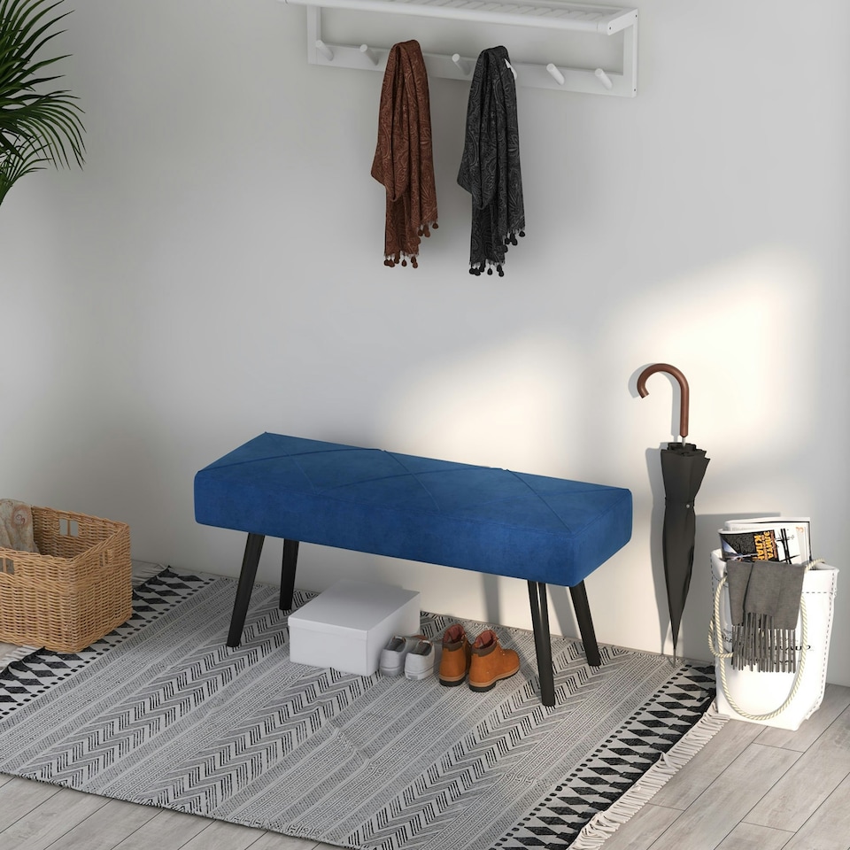 image 1 of HOMCOM End of Bed Bench, Upholstered Hallway Bedroom with Steel Legs, Blue
