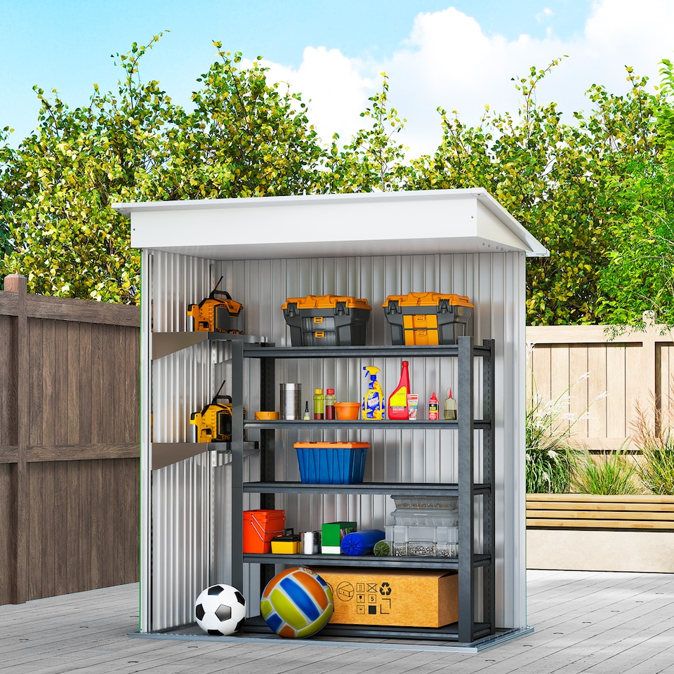 image 1 of Outsunny 5x3ft Garden Shed, Steel Small Shed, Outdoor Leanto Shed with Adjustable Shelf, Lock and Gloves for Patio, Garden, Green without Foundation Kit