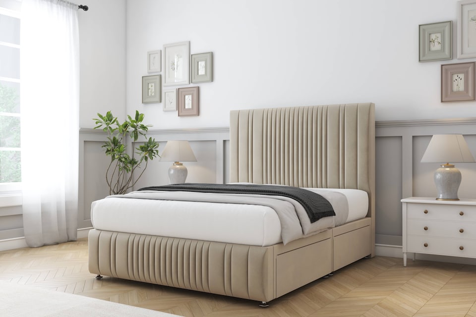 image 1 of Sloomy Kingsley Almond Coniston Divan Bed With Mattress 2 Drawers Left Side With 26" Strutted Headboard & 12" Matching Footboard 6' Super King | Cream | Almond | Super King | 1