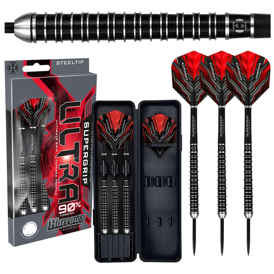 Harrows Supergrip Ultra Tungsten Darts - 26gm - Black/Red - Nodor - DATSU26