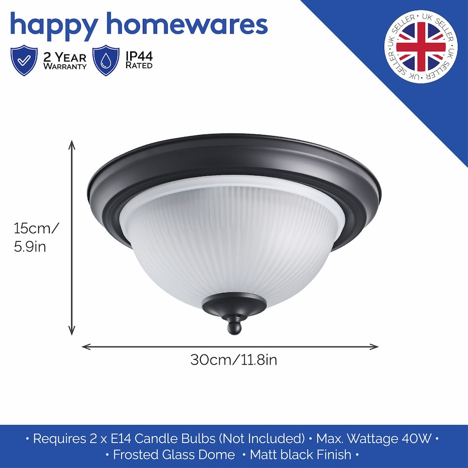 image 1 of Traditional Matt Black IP44 Bathroom Ceiling Light Fitting with Frosted Glass | Black | Black | 1