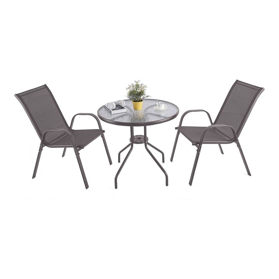 image 1 of 3 Pcs Garden Round Glass Top Table & 2 Chairs Bistro Set