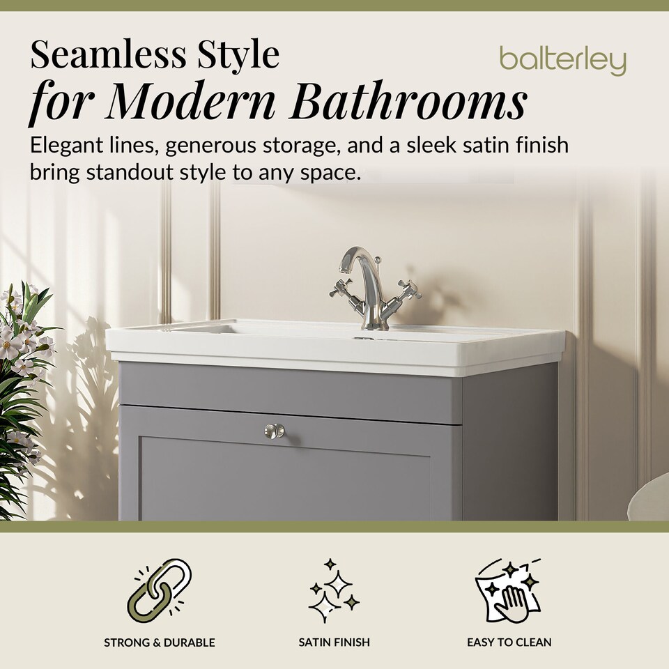 image 1 of Bathroom Wall Hung 1-Drawer Vanity Unit & Fireclay Basin, Grey, 800mm | Grey | Satin Grey | 470 x 830 x 496mm