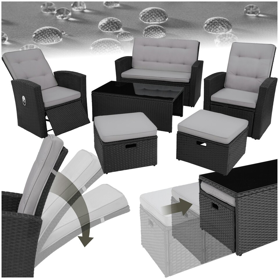 image 1 of Garden Furniture Set Bari - outdoor sofa, 2 reclining armchairs, 2 footstools, table - Black