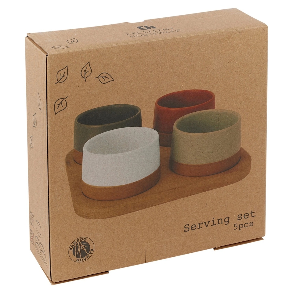 image 1 of Stoneware Serving Condiment Sets Snack Dishes Bamboo Paddle Board Platter | Multi | Multicoloured | 4 Bowls on Board