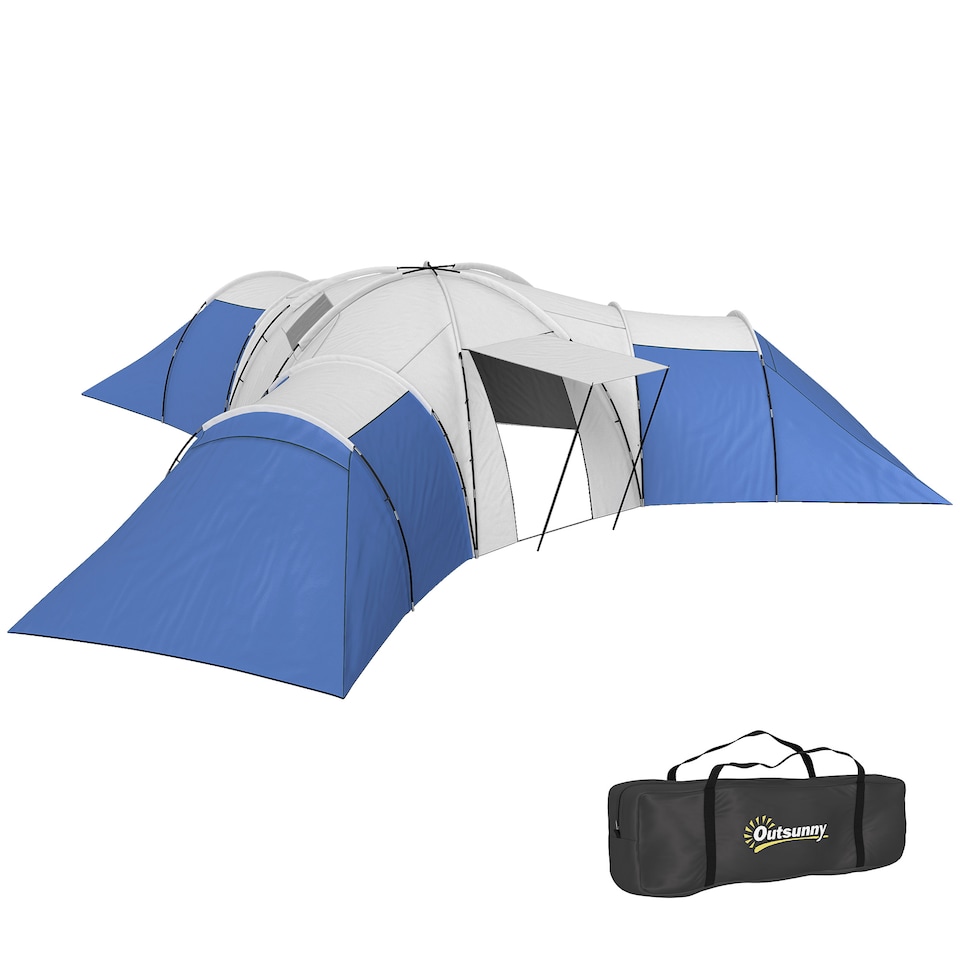 image 1 of Outsunny 6-9 Man Large Tunnel Tent with 3 Bedroom, Living Area and Porch, Stand-up Camping Tent, Portable with Bag, for Fishing Hiking Festival | Blue | Blue