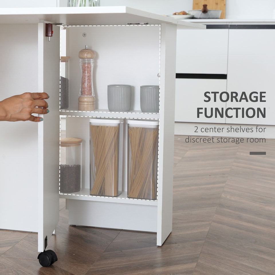 image 1 of HOMCOM Folding Dining Table, Drop Leaf Table with 2-Tier Shelves, Rolling Casters, for Small Spaces, Kitchen, White