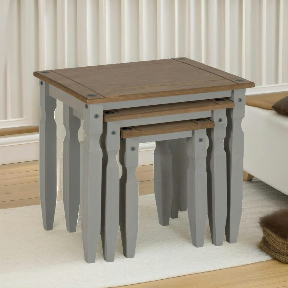 image 1 of Set Of 3 Pine Nesting Tables Grey Brown