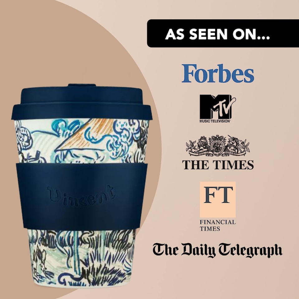 image 1 of Ecoffee Cup 12oz 350ml Van Gogh Design Reusable Eco-Friendly, Plant Based Coffee Cup with Silicone Lid & Sleeve, Old Vineyard with Peasant Woman | Multi | Old Vineyard with Peasant Woman