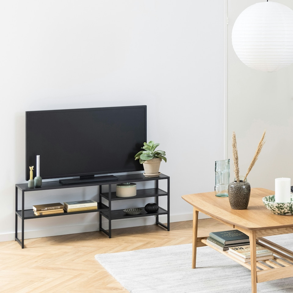 image 1 of Seaford Black Metal Open TV Unit with 3 Black Shelves
