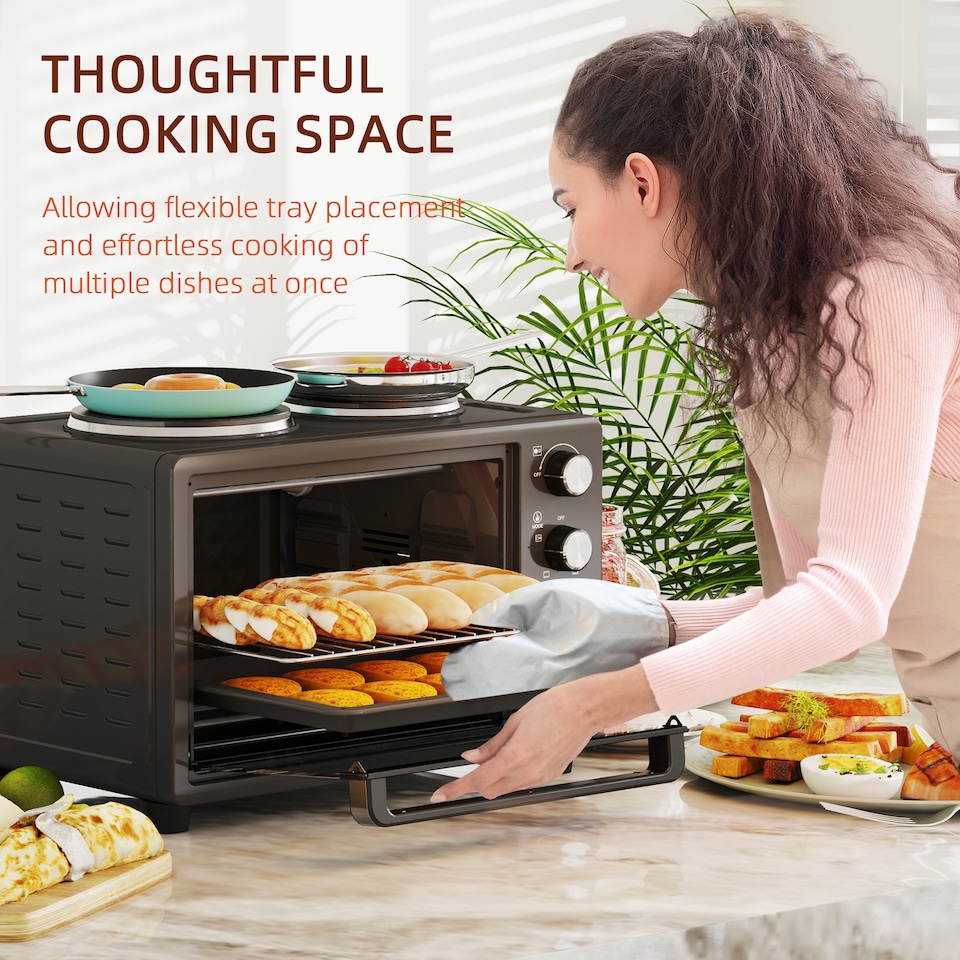 image 1 of HOMCOM 28L Mini Oven with 2 Hot Plates, Countertop Toaster Oven, Grill, Roast, Bake, Boil, with Timer, Adjustable Temperature, Electric Oven with Baking Tray, Grill Rack, Crumb Tray, 2600W, Black