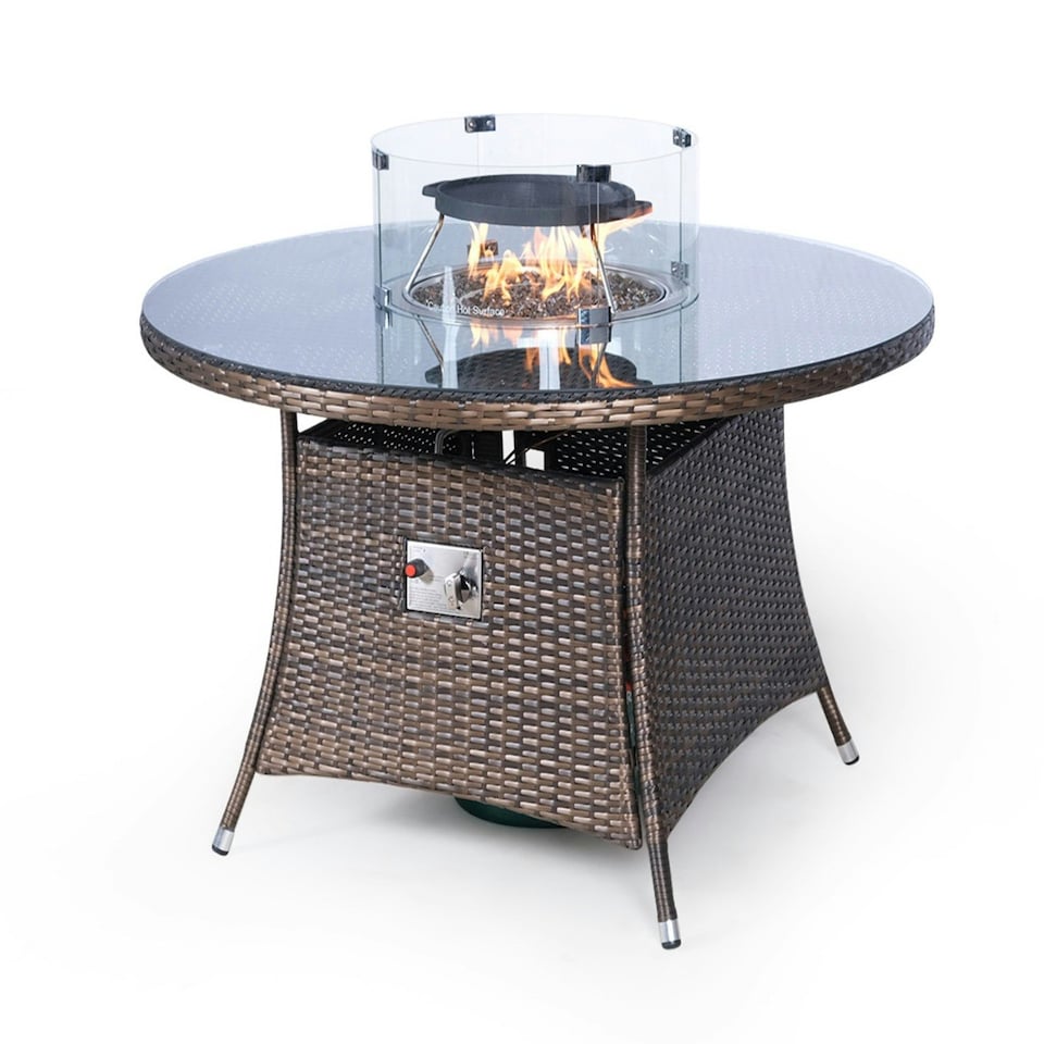 image 1 of Giardino Fire Pit 4 Seater Round Rattan Dining Table Brown