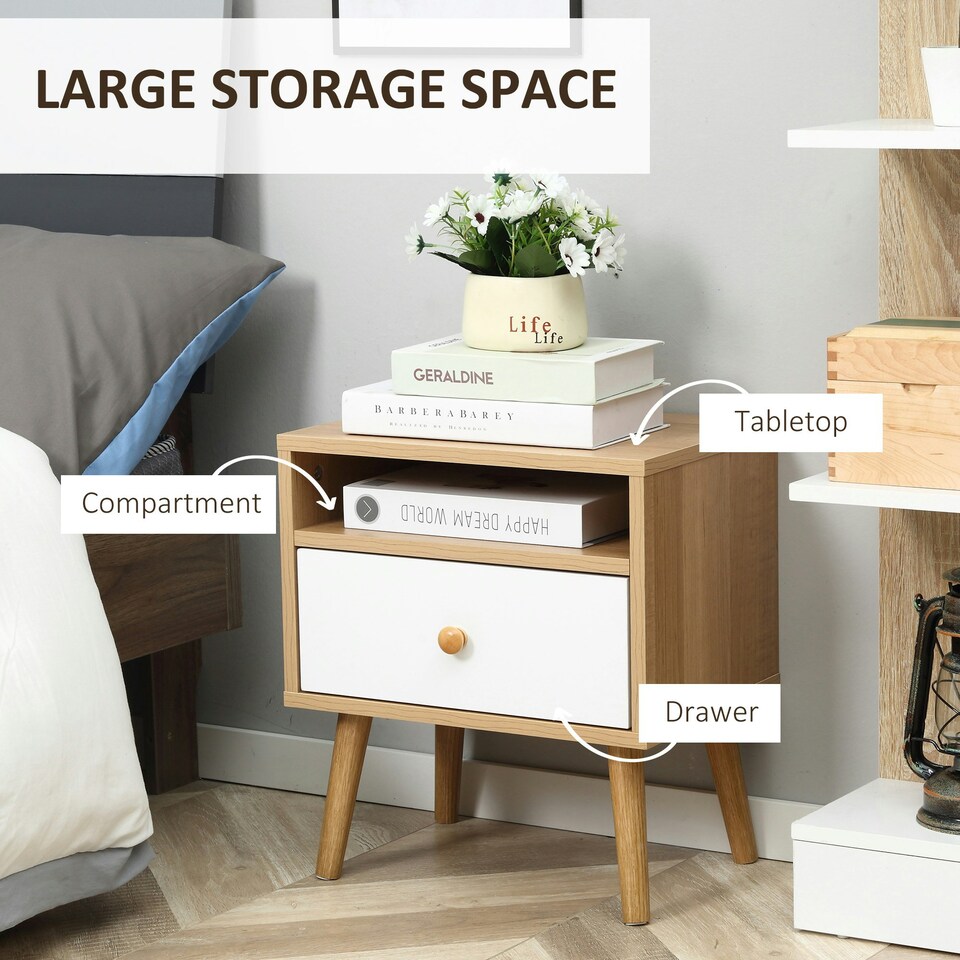 image 1 of HOMCOM Bedside Table Modern Nightstand Bedside Cabinet w/ Drawer Shelf Natural
