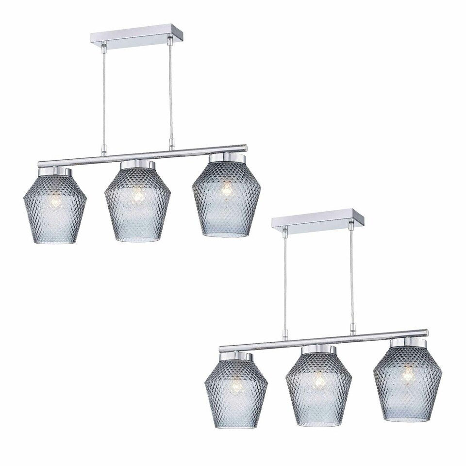 image 1 of First Choice Lighting Set of 2 Fraser Smoked Textured Glass 3 Light Pendant Bars Chrome | Clear