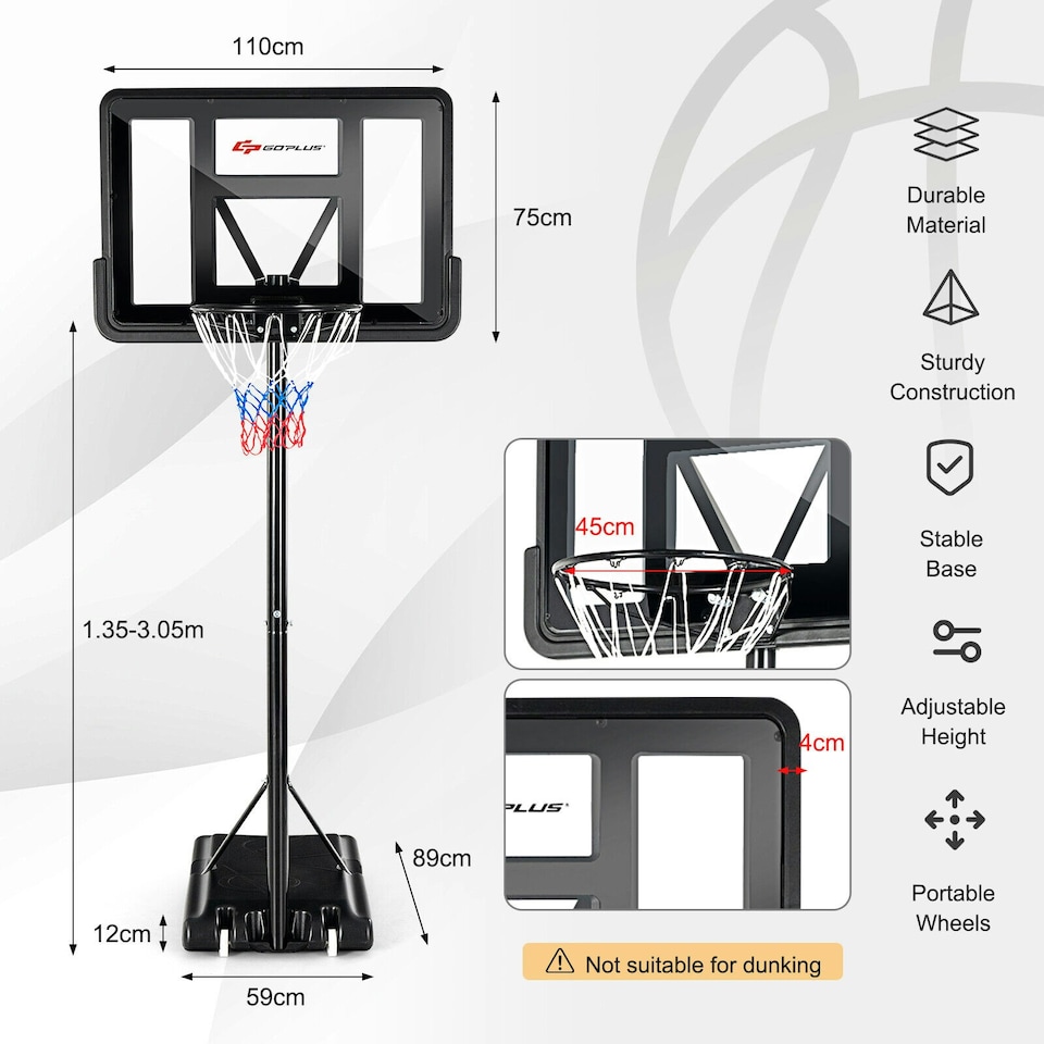 image 1 of COSTWAY Basketball Hoop Backboard Height Adjustable 1.35-3.05m Black | Standard