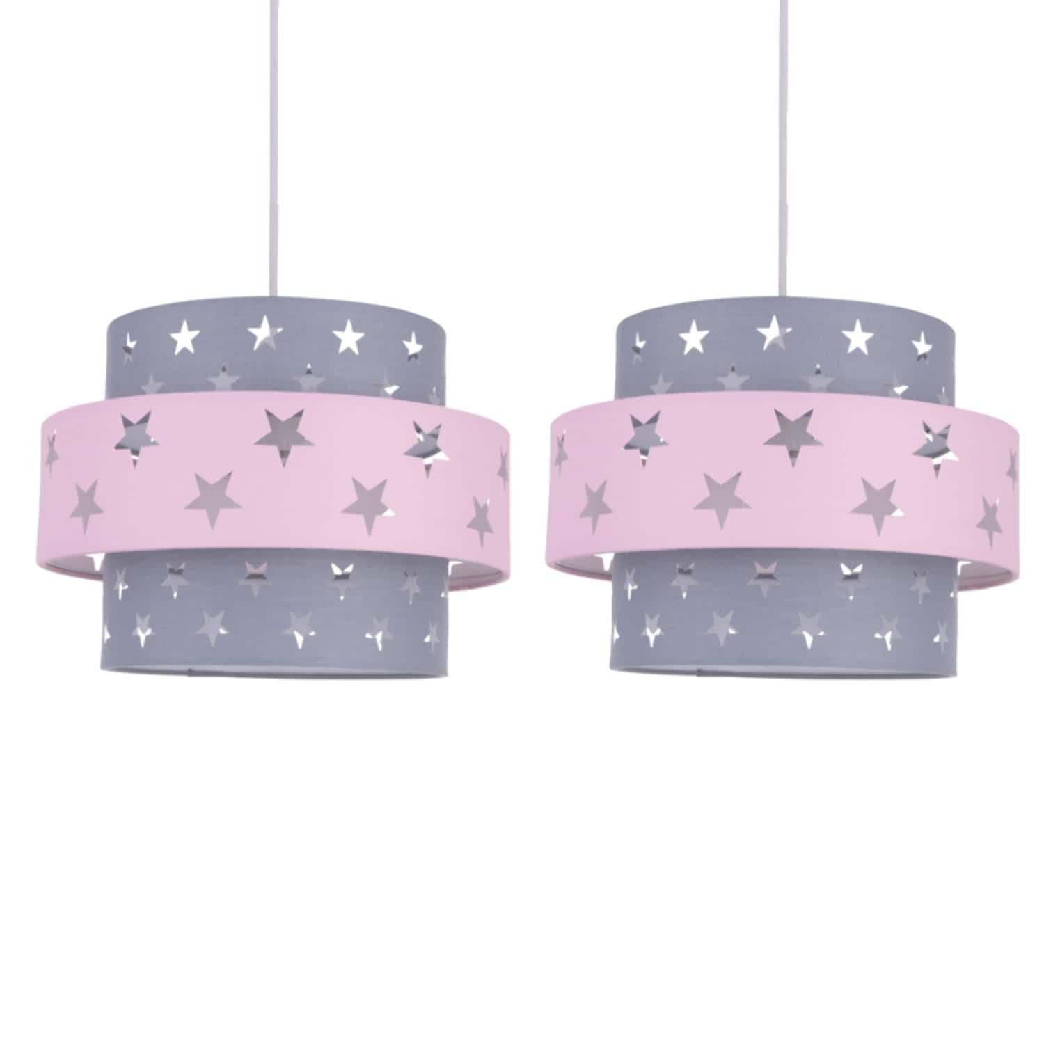 First Choice Lighting Pair of Pink & Grey Star Two Tier Light Shades