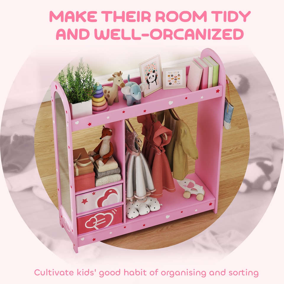 image 1 of AIYAPLAY Kids Wardrobe, Kids Clothes Rail with Mirror for Bedroom, Pink