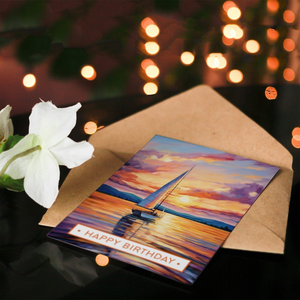 image 1 of Happy Birthday Sunset Sailing Sailboat Vibrant Seascape Birthday Card