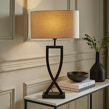 ValueLights Katniss Matte Black Metal Table Lamp with Oval Shade & Bulb Black | Cream
