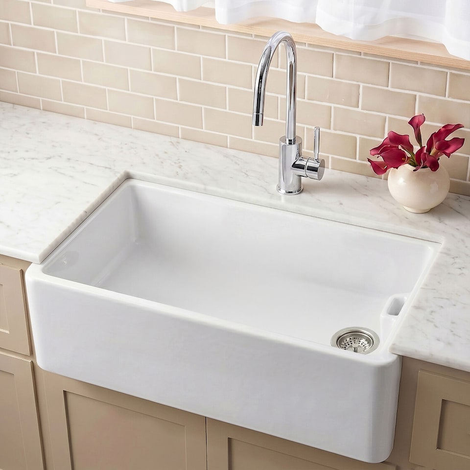 image 1 of Balterley Single Bowl Belfast Kitchen Sink with Overflow, No Tap Hole | White | White | 1