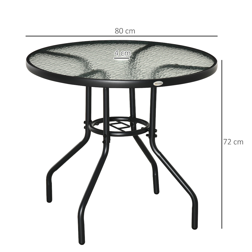 image 1 of Outsunny 80 cm Round Dining Table with Parasol Hole, Outdoor Coffee End Side Table with Tempered Glass Top, Steel Frame for Garden, Black
