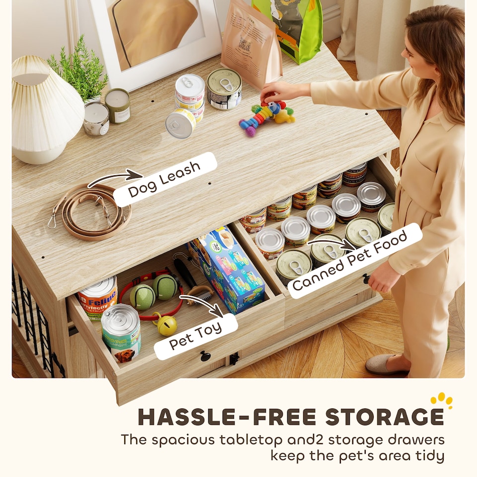 image 1 of PawHut Dog Crate Furniture on Wheels, Dog Cage with 2 Drawers, Sliding Door, Indoor Kennel End Side Table for Medium Large Breeds, Oak Tone