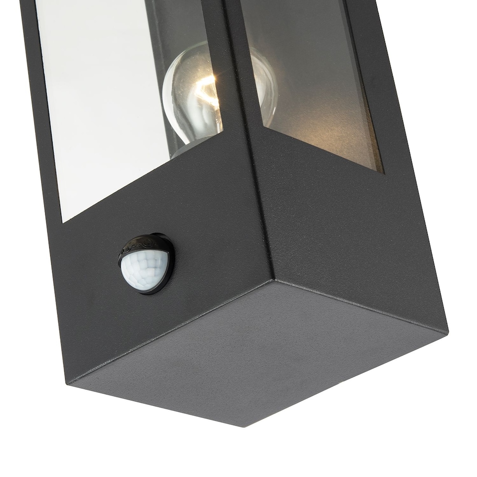 image 1 of Modern Outdoor PIR Sensor Wall Light Fitting with Box Lantern Shape IP44 Rated | Black | Black | 1