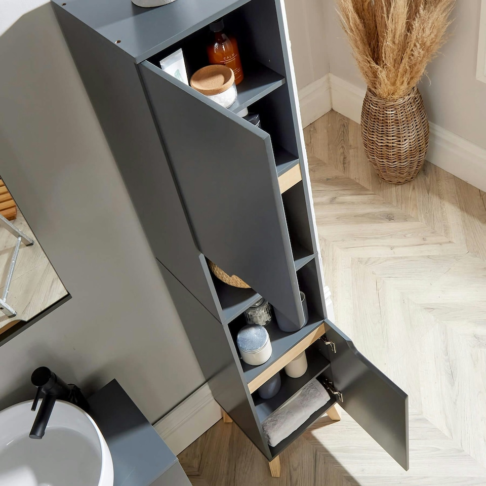 image 1 of Bathroom Tall Storage Cabinet Open Shelving Unit 2 Door Tallboy | White