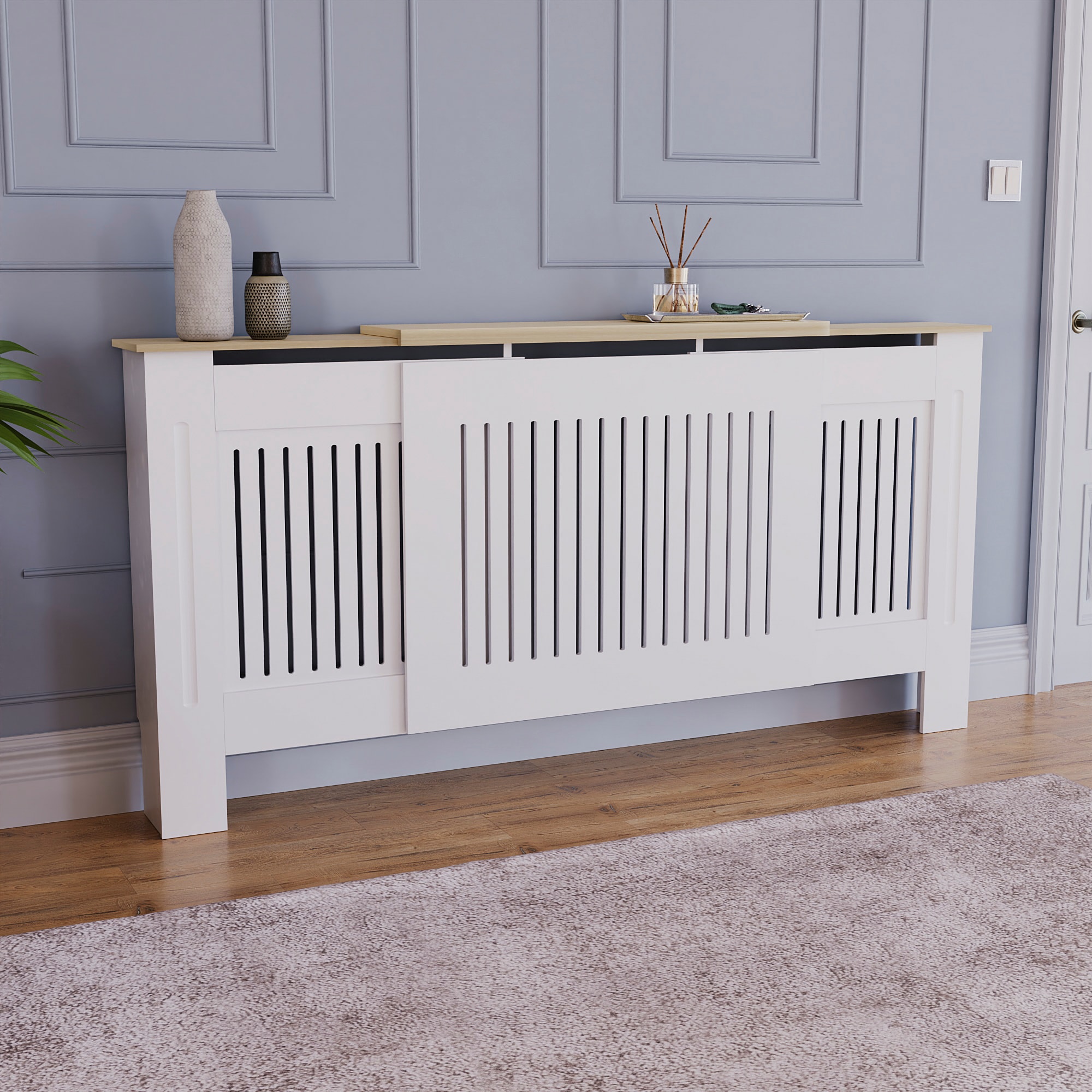 Vida Designs Arlington Adjustable Radiator Cover upto 204cm Width Painted MDF Heat Protection - White