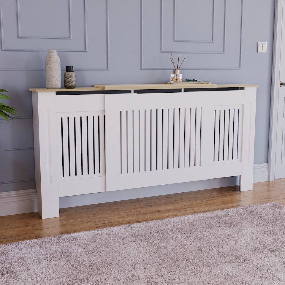 image 1 of Vida Designs Arlington Adjustable Radiator Cover upto 204cm Width Painted MDF Heat Protection - White