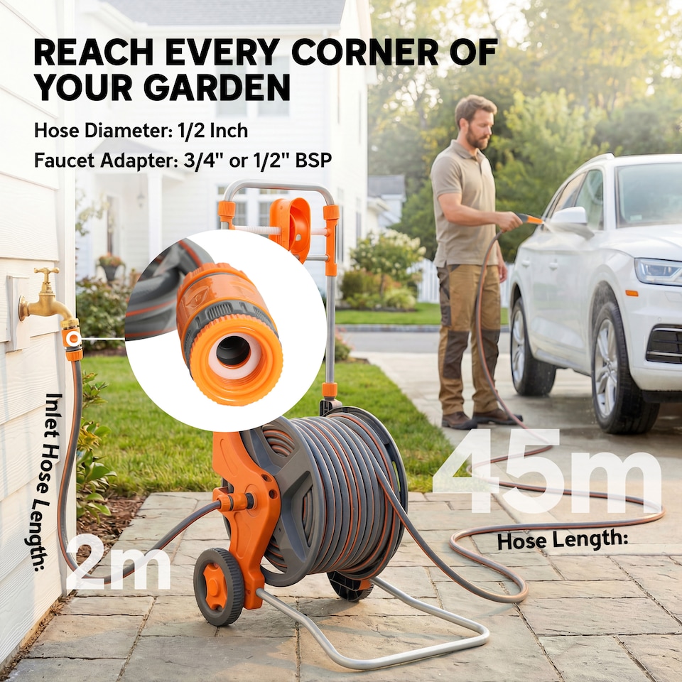 image 1 of Outsunny Hose Reel Cart with Wheels, 45+2m Garden Hose Reel, Orange | Orange | Orange and grey