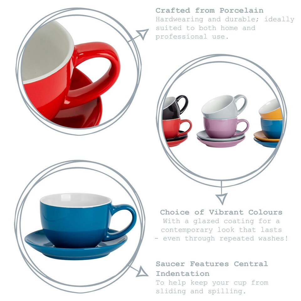 image 1 of Argon Tableware 12pc Coloured Cappuccino Cup & Saucer Set - 250ml - Red/Black - Coffee Cup Latte Cup Drinking Cup