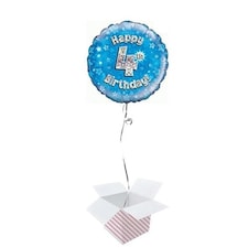 Blue Happy 4th Birthday Holographic Round Foil Helium Balloon - Inflated Balloon in a Box