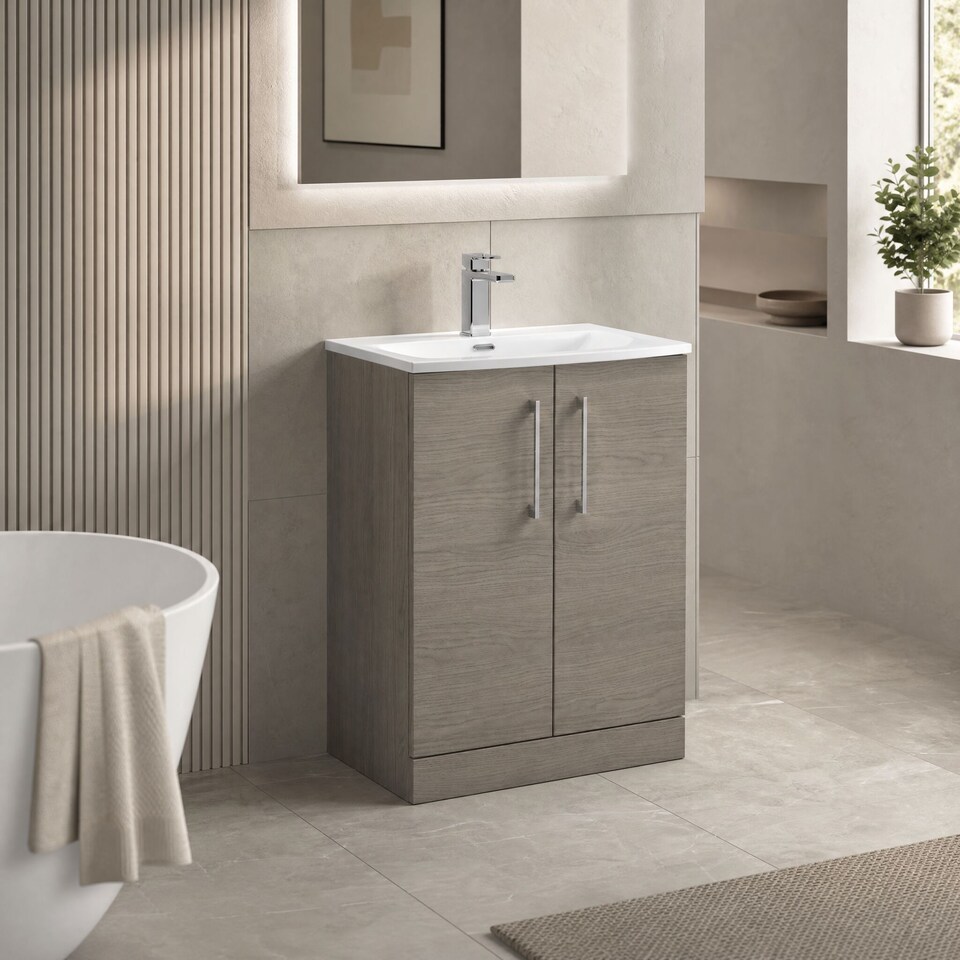 image 1 of Balterley Modern Bathroom Floor Standing 2 Soft Close Door Vanity Unit & Curved Basin | Brown | Solace Oak | 830 x 610 x 440mm