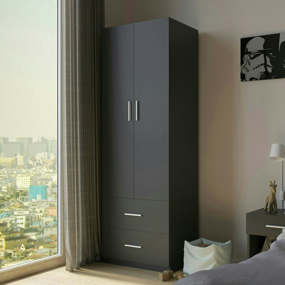 image 1 of 2-Door 2-Drawer Wardrobe | Black | Unit Colour: Black