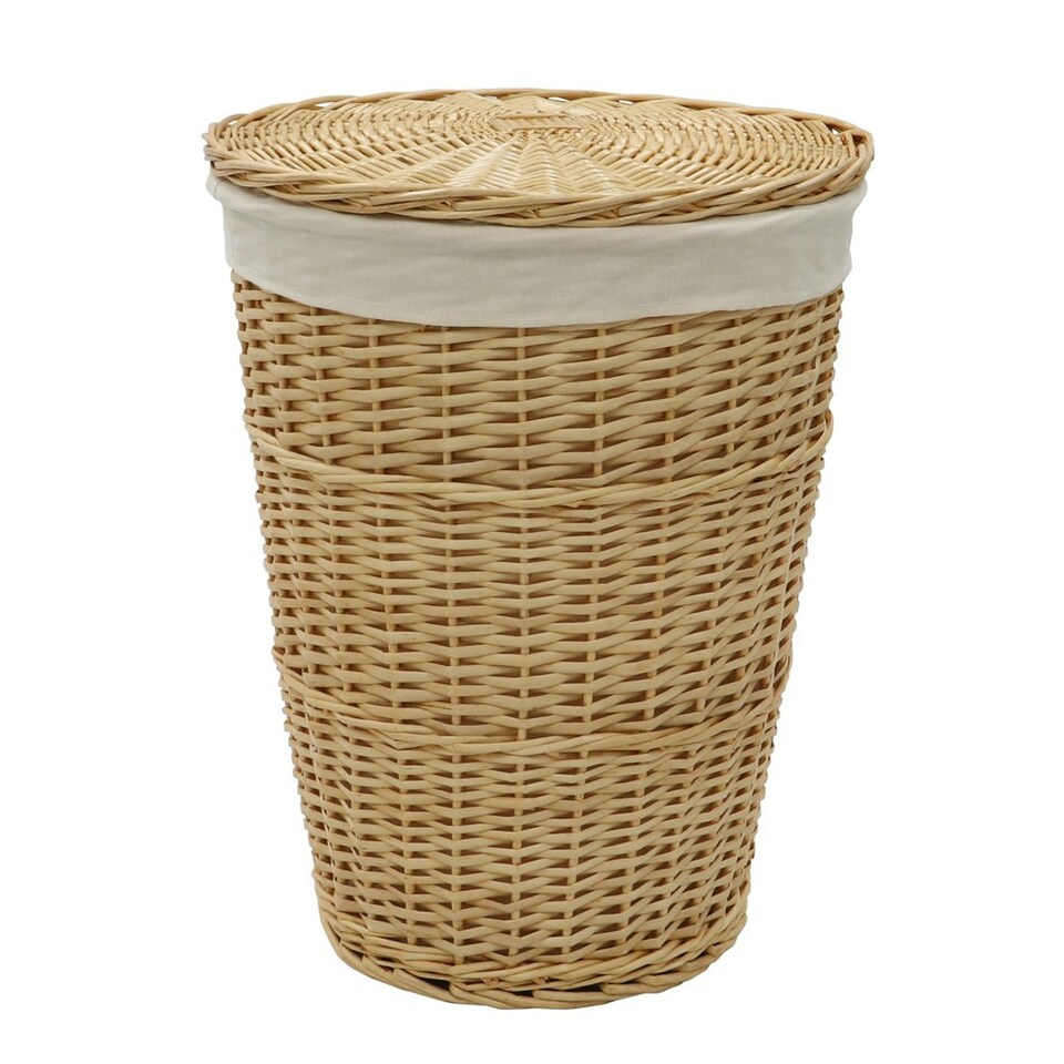 image 1 of JVL Hand Woven Acacia Round Laundry Willow Basket with Lid, Honey Finish Brown