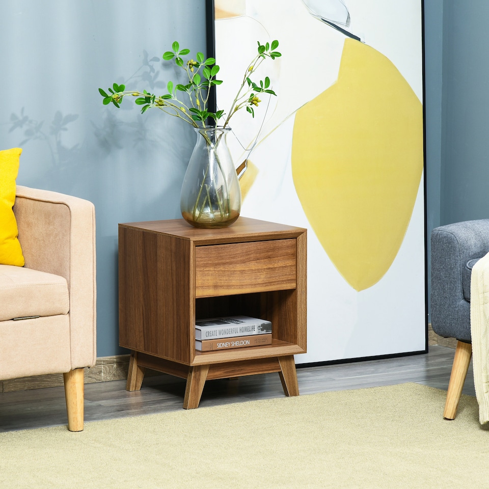 image 1 of HOMCOM Modern Bedside Table Nightstand, Living Room End Table, Side Table with Drawer and Shelf, Walnut Brown