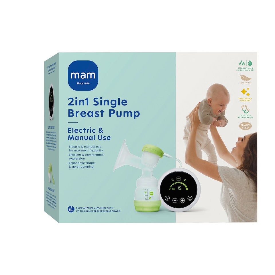 image 1 of MAM 2-in-1 Single Electric Silicone Breast Pump Battery Powered Light Green