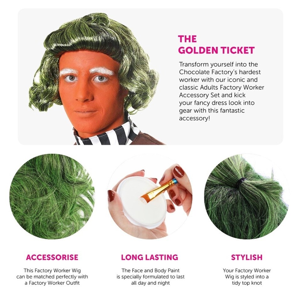 image 1 of Factory Worker Accessory Set - Wig & Face Paint Green | One Size
