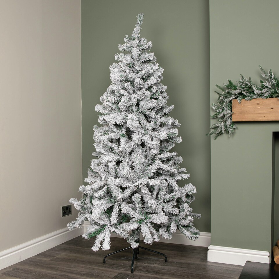 image 1 of 6ft (1.8m) Snow Flocked Artificial Christmas Tree with Green Metal Stand and 455 Tips