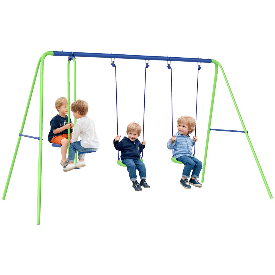 image 1 of Outsunny Metal Swings Set w Glider, Adjustable Height, Green | Green | Green