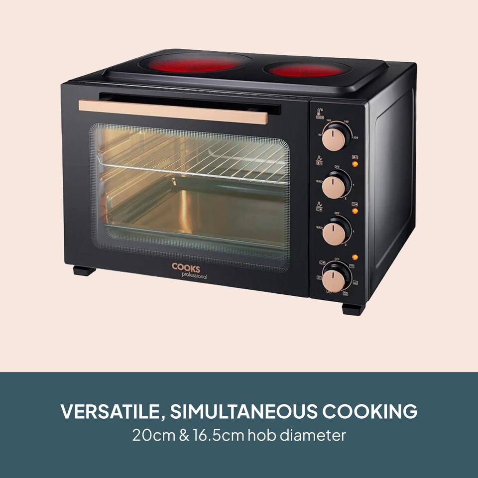 image 1 of Cooks Professional 48L Mini Portable Oven with 2 Ceramic Hobs - Electric Portable Countertop Cooker | Black | Black & Copper