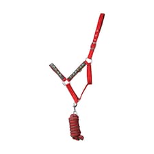Little Knight Horse Headcollar and Leadrope Set - Red/Charcoal Grey - Cob